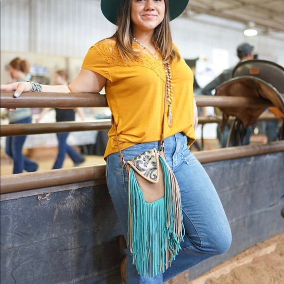 Metallic bronze and accents in turquoise and brown embossed crossbody purse - Picture 12 of 15